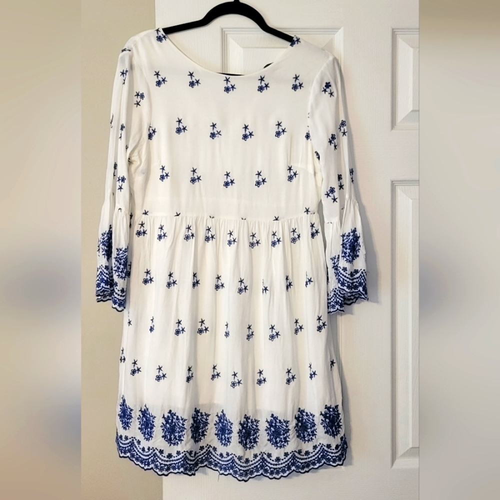 Lulus With a Whisper White Embroidered Blue Eyelet Dress Medium